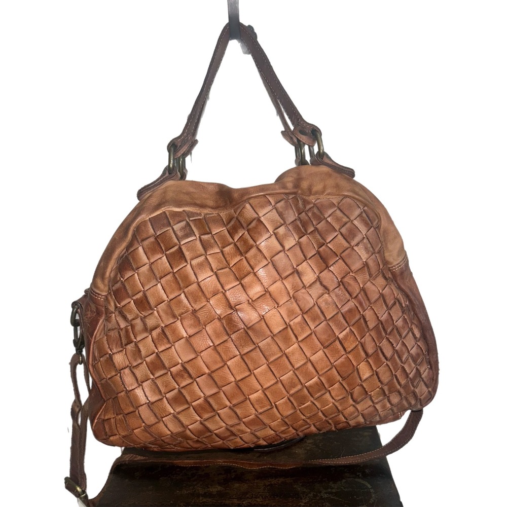 Disstressed  Woven Genuine Leather Convertible SatchelTote Shoulder Ba